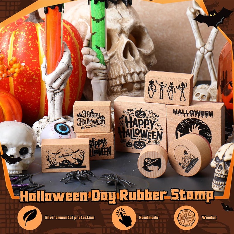 Supervitae 8 Pcs Halloween Wooden Rubber Stamp Set Happy Halloween Vintage Wooden Art Stamps for Crafting and DIY Scrapbooking Card Making Hand Book - Image 5